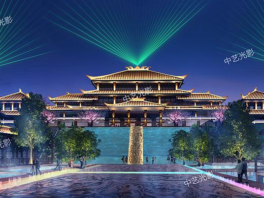 古建筑灯光设计效果图，古建筑灯光投影展示素材