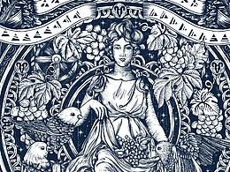 復(fù)古木刻紅酒包裝插畫