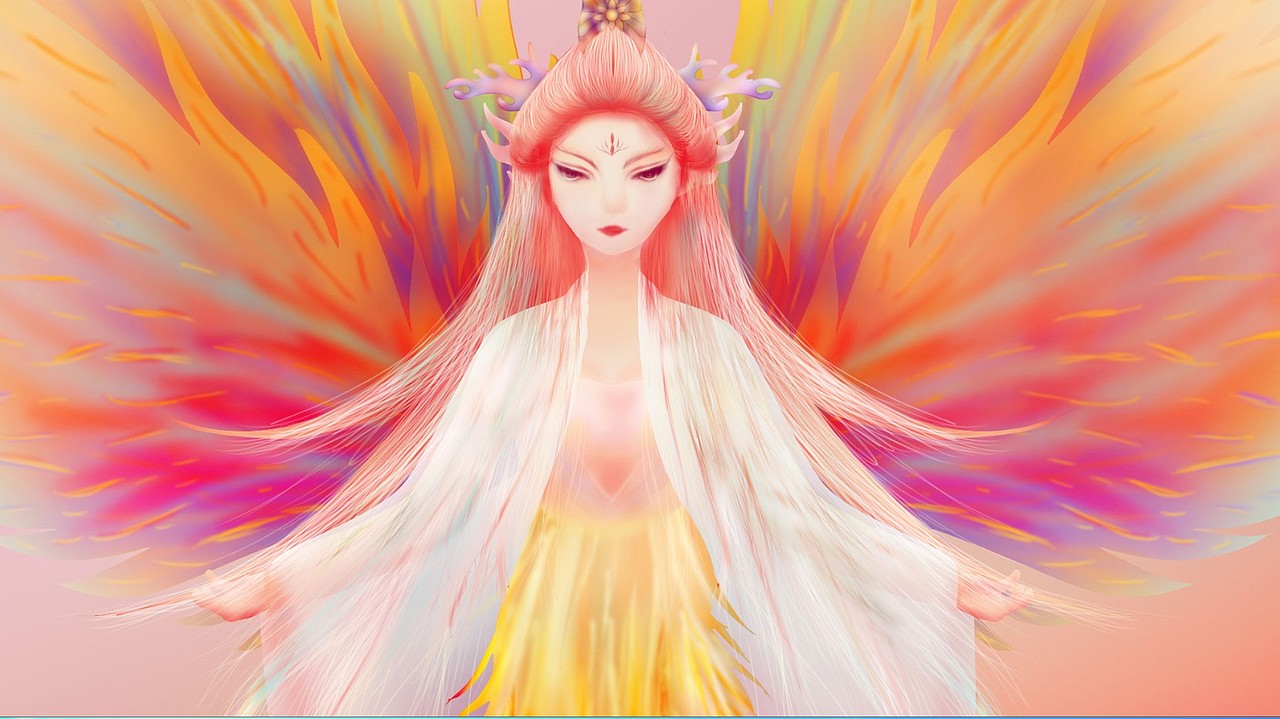 原创幻彩插画人面凤凰鸟