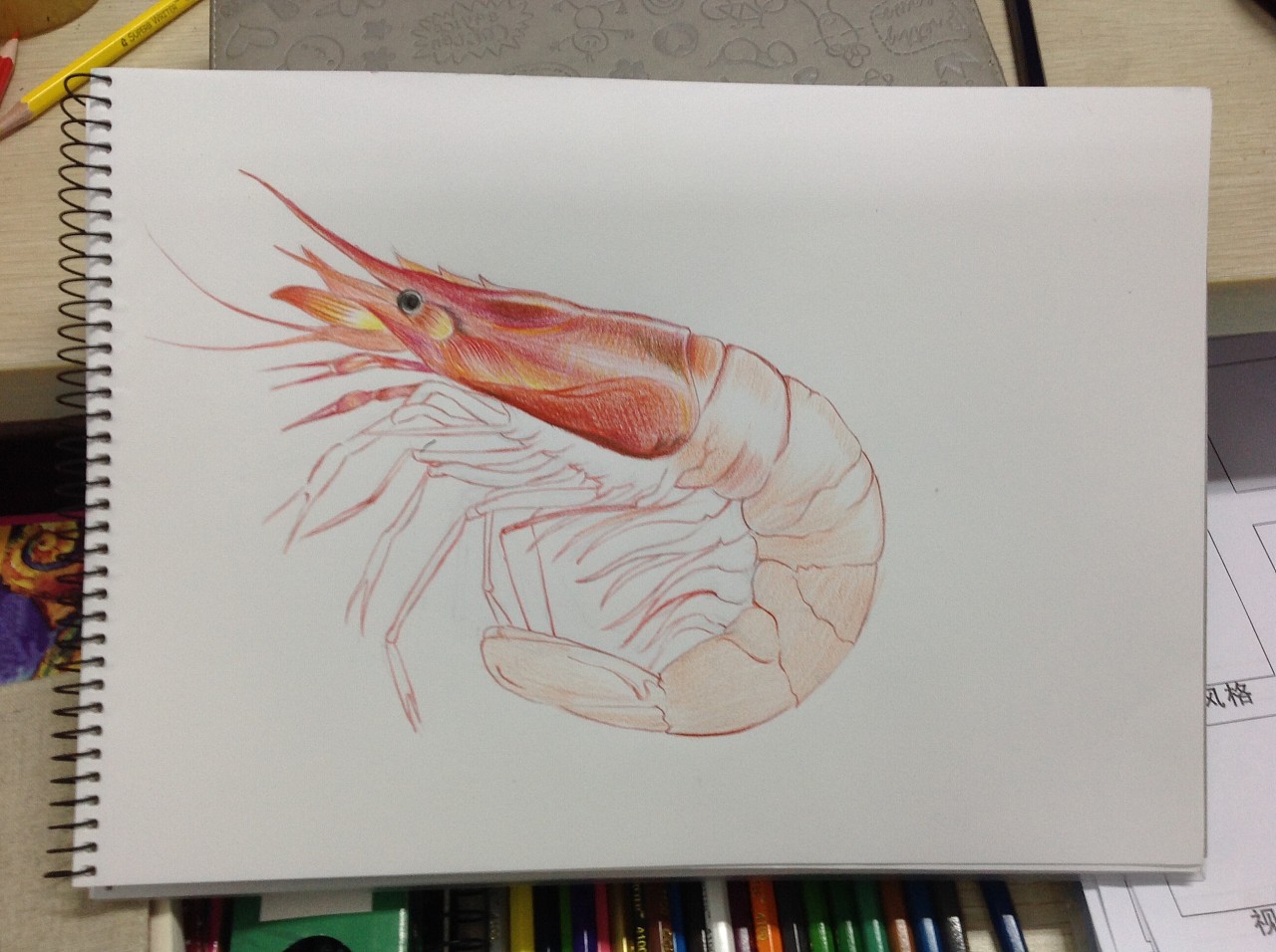 彩铅手绘食物.苹果.虾.面.真好的一餐.