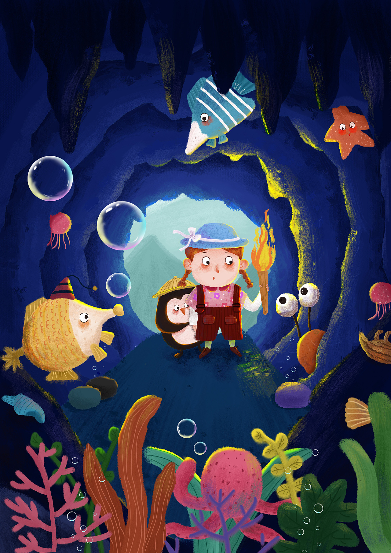 插画小练习,刚开始是画了一张海底探险