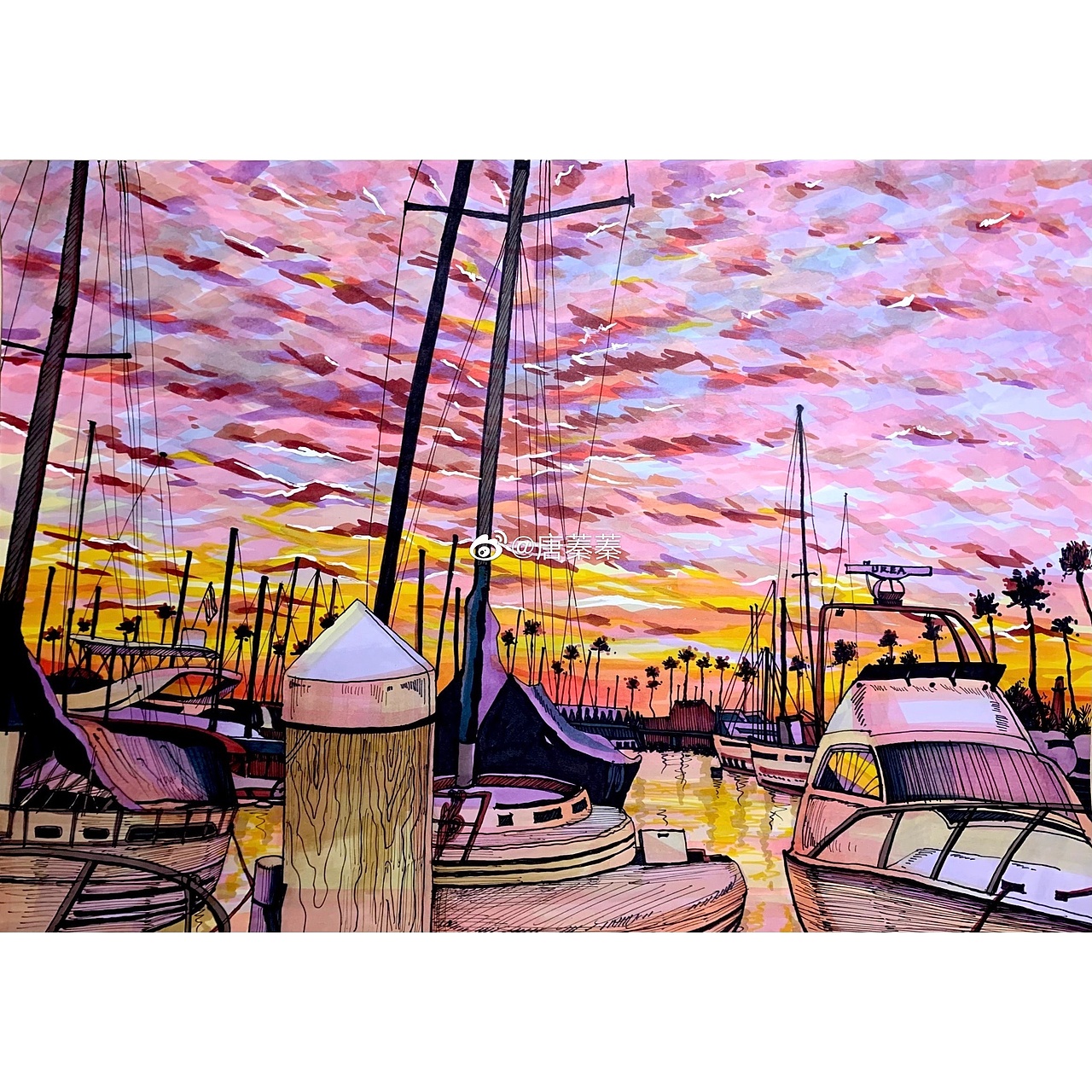 粉红色天空之境手绘