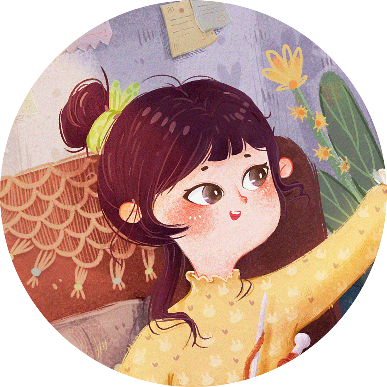 场景插画:织围巾丫