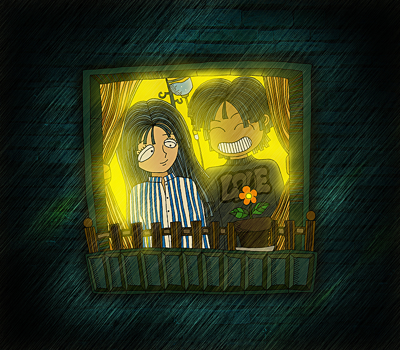 窗外下着雨
下了很久了<br>不知道什么时候会停<br>窗前，女孩望着下落的雨滴<br><br>雨后会有彩虹么<br>女孩问男孩<br>