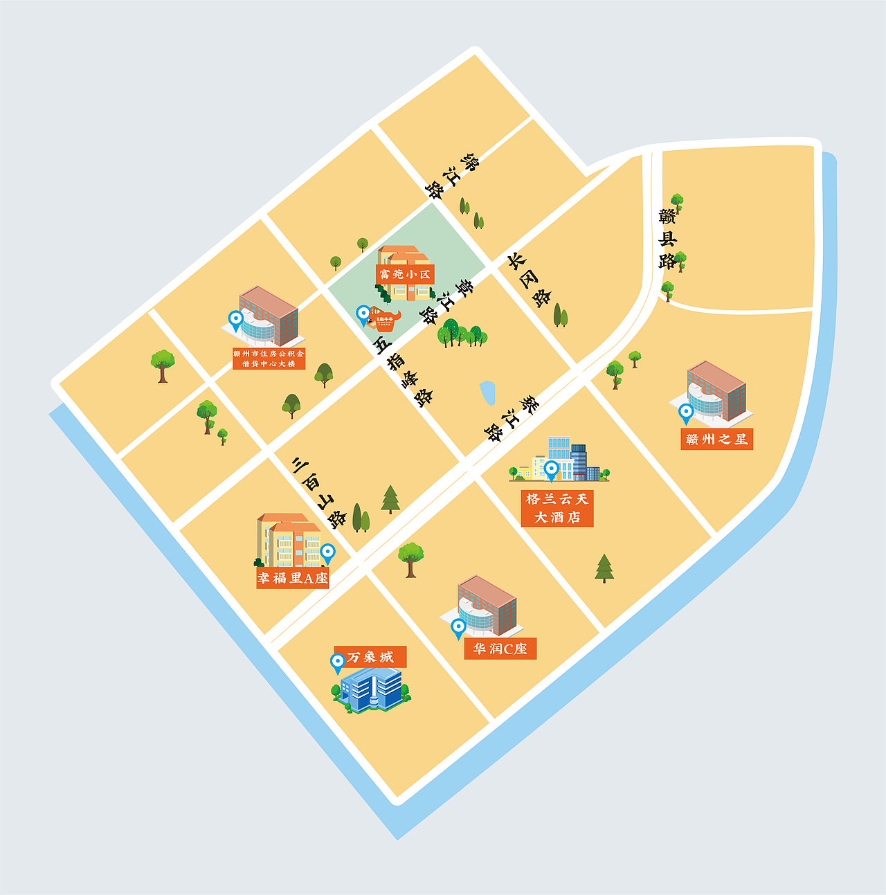 赣州部分区域地图-卡通地图-地图|平面|图案|妃红 - 原创作品 - 站酷