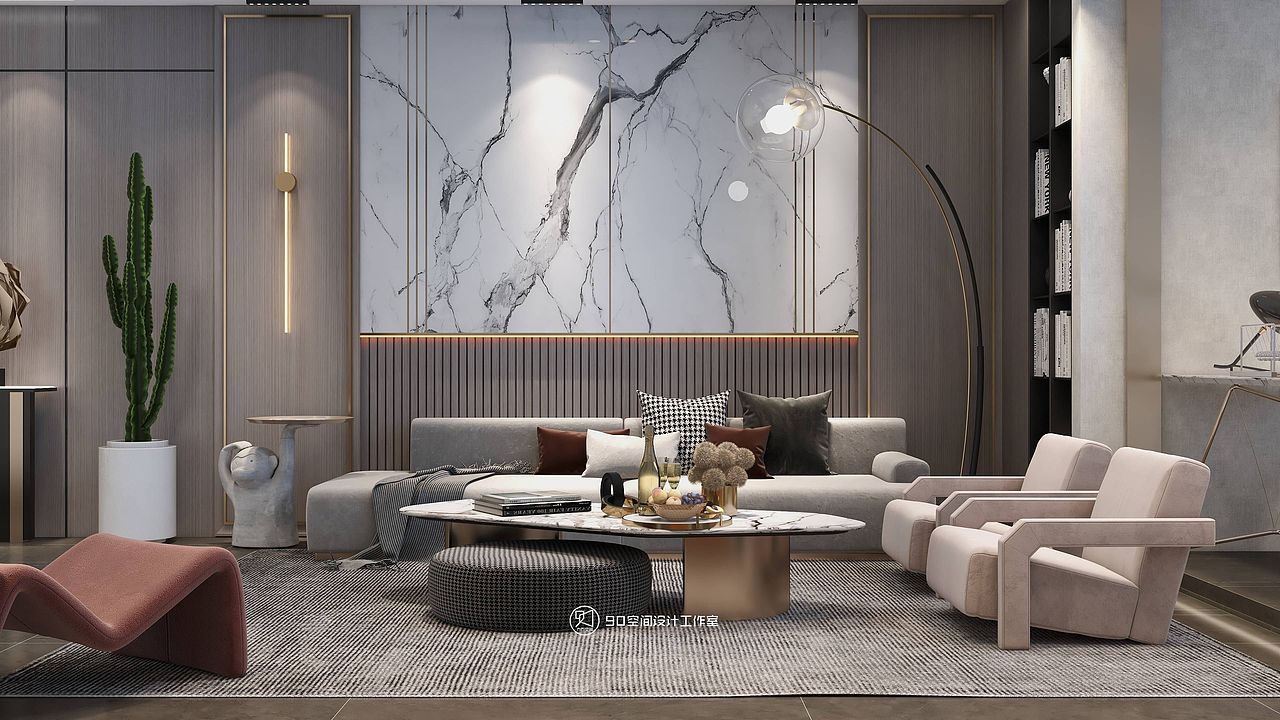 以简洁明亮的大理石为背景墙 
搭配木纹格栅与灰色的布艺沙发<br>无主灯的设计下<br>再加入造型弯曲而通透的落地灯<br>金属质感的体现让空间更为细腻精致