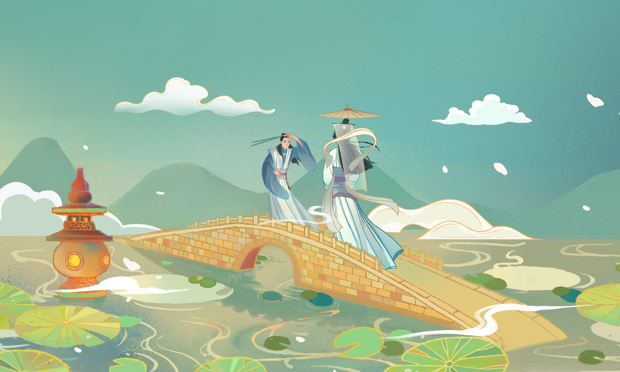 断桥相遇:白素贞与许仙从断桥的两头走到桥中相遇,许仙举起伞,白素贞