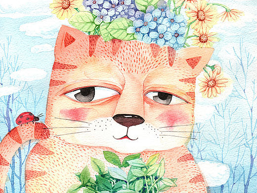 画儿晴天纸本水彩画-猫-繁花盛景
