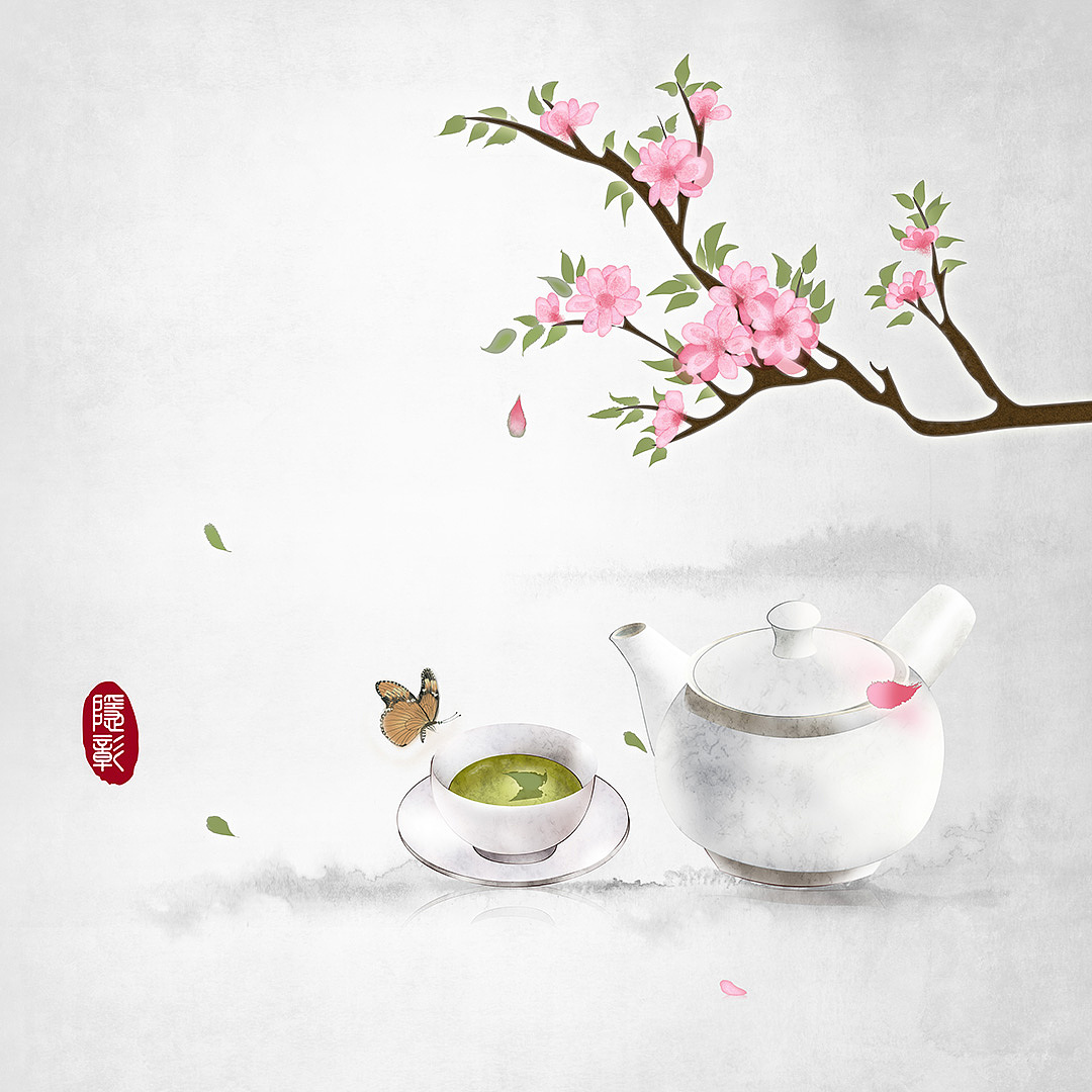 古琴香炉古风唯美静物24节气春分春天四季蝴蝶桃枝桃花