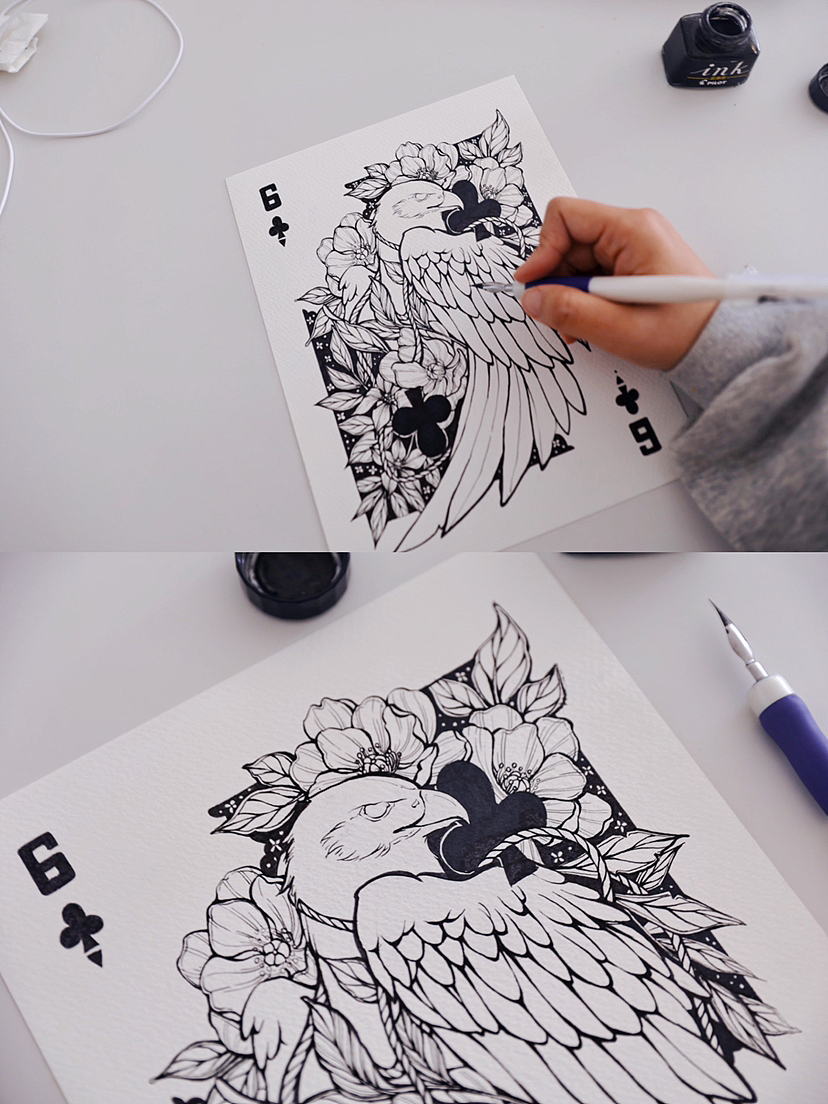 ♣️6|手绘一套扑克牌|线描装饰画