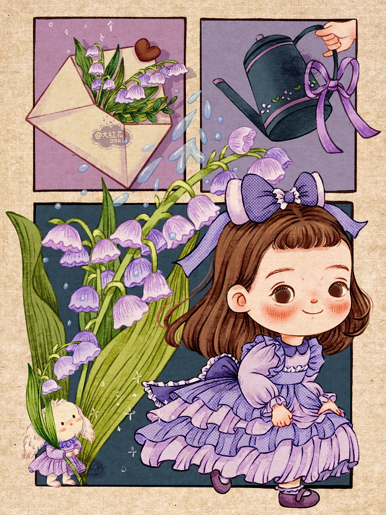 复古分镜插画 | 可爱娃娃铃兰郁金香雏菊百合 | 娃衣