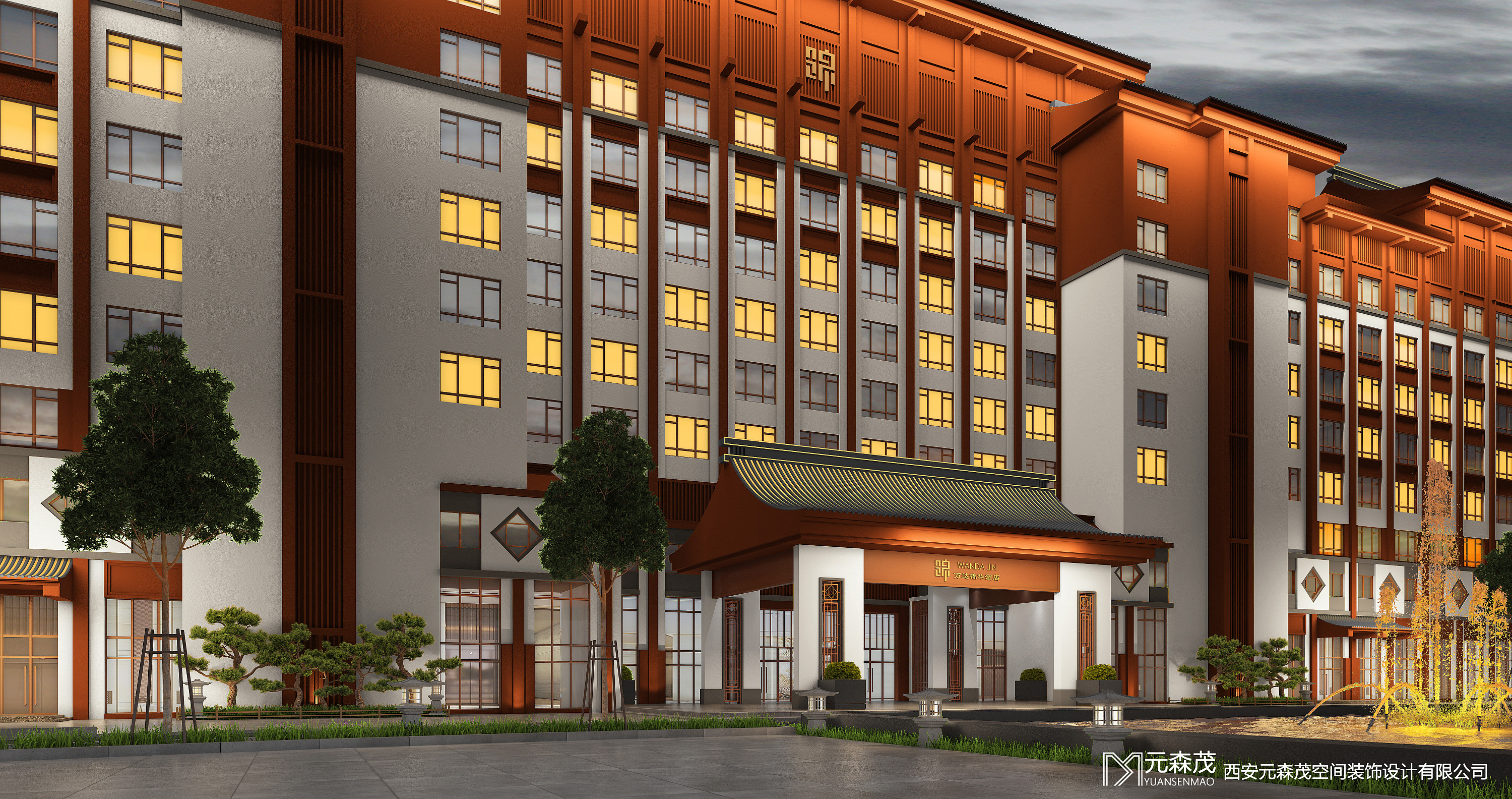 中式酒店建筑外观夜景效果设计