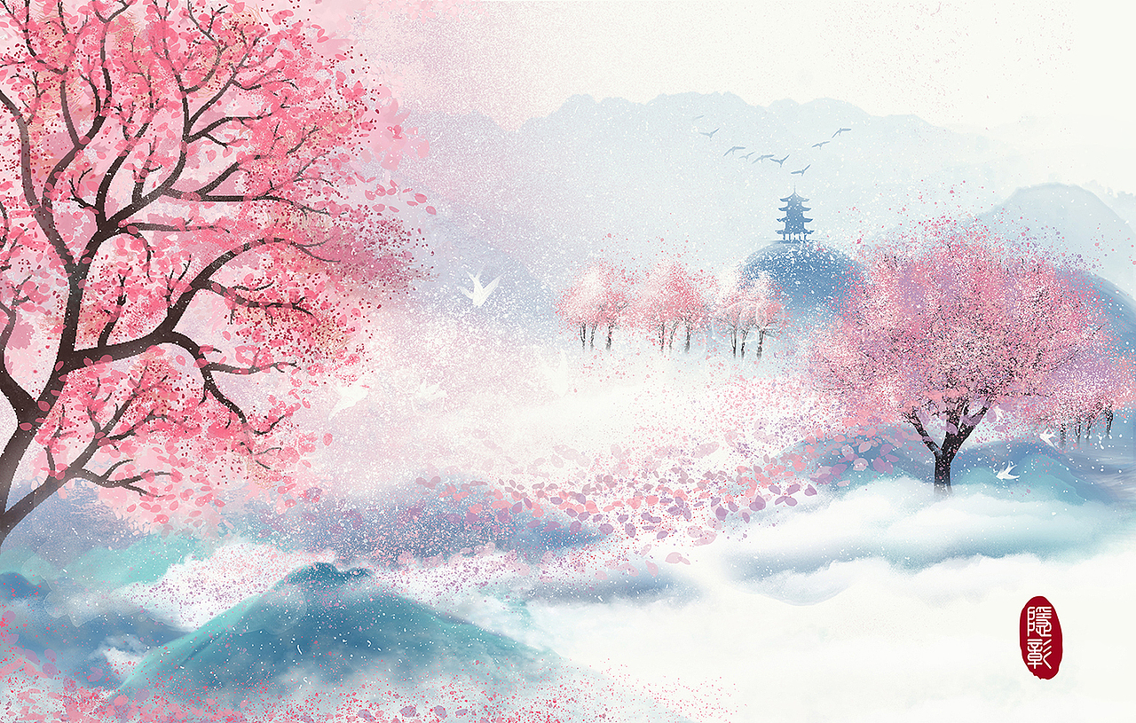 古风意境插画古建筑凉亭汉服女子春天桃花水墨山水