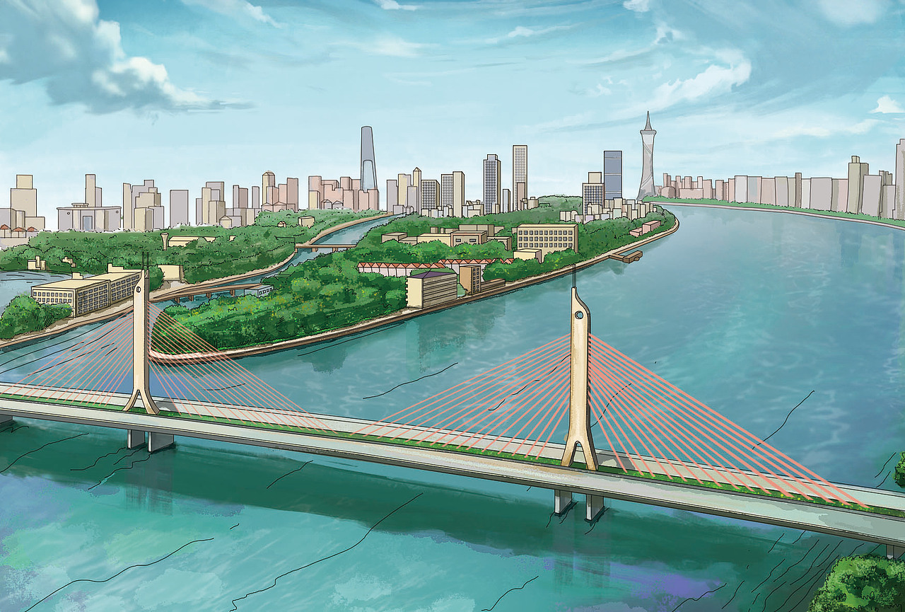 广州十大桥手绘明信片