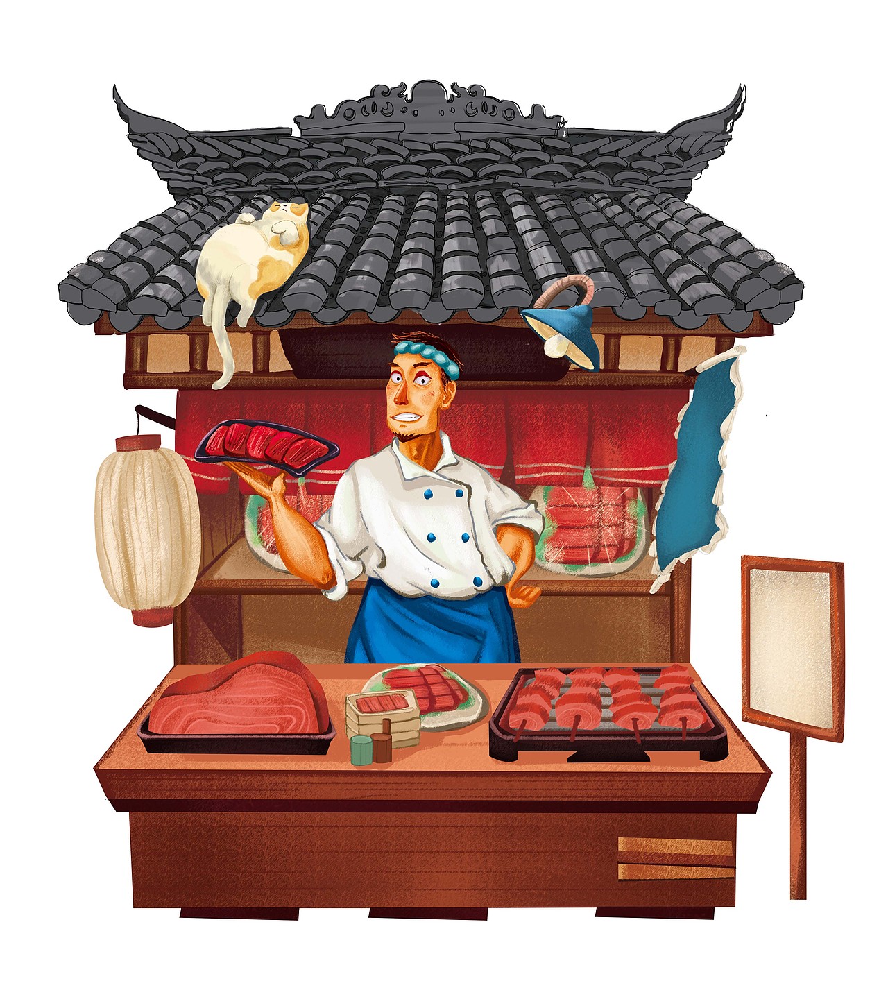 和一些平面物料推广,画了一个卖肉大叔的角色设计和一些小场景的绘制