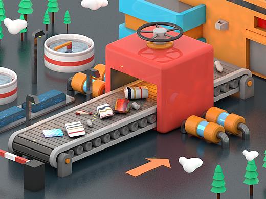 C4D卡通传送工厂小场景