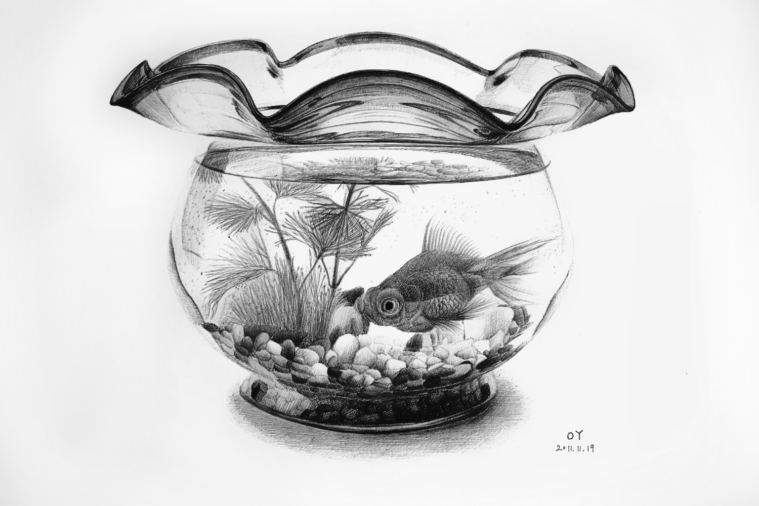 透明鱼缸素描图片