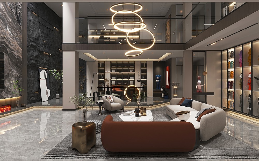 现代别墅客餐厅全景效果图