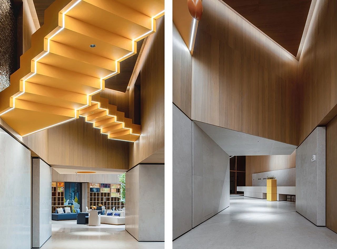 接待区的木屋内是正在探看镜中世界的好奇小象【E-FUN】,由 ENJOYDESIGN 原创设计,在奇幻的色彩世界中展现童梦与谐趣。而空间中错落摆放的彩色方块装置,仿佛是随机掉落的俄罗斯方块,与天井、墙洞特制的空格造型完美匹配,还原游戏场景,将扁平风格立体化,将想象写进现实,趣味十足,令人带着愈加美好的期待探入空间。