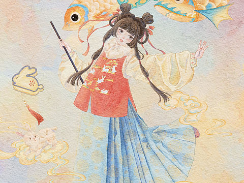 水彩古风兔年贺岁插画