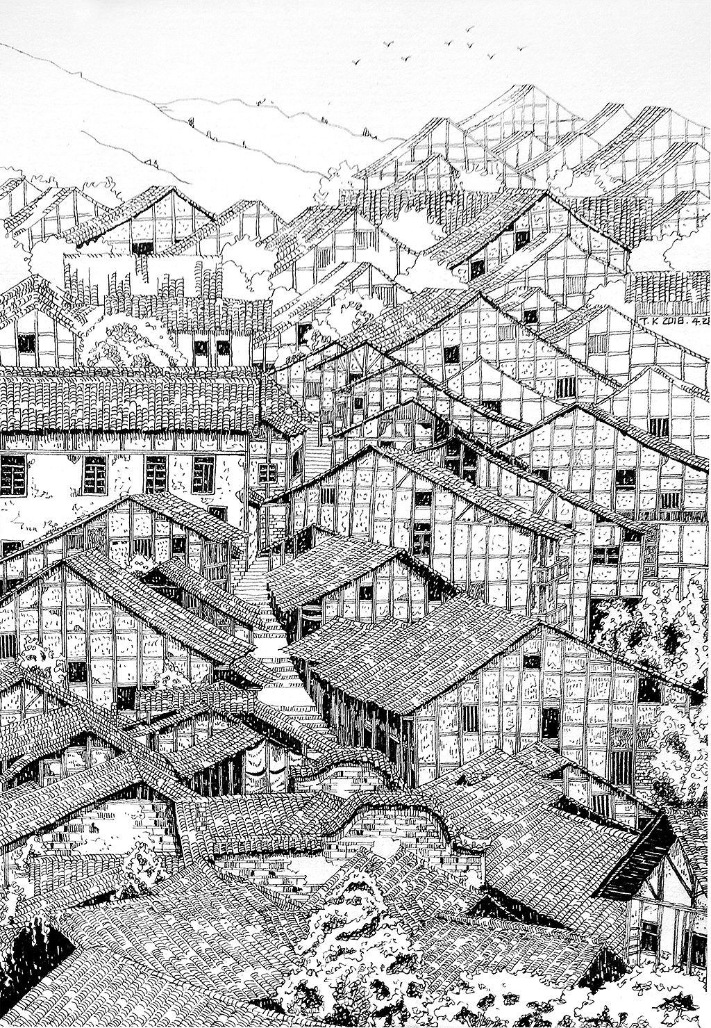 钢笔画福宝古镇