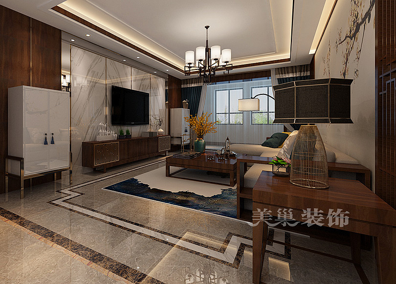 海马公园160大平层装修效果图中式风格四居室——客厅设计,银狐系列整版石材砖上墙,镶嵌银色金属条