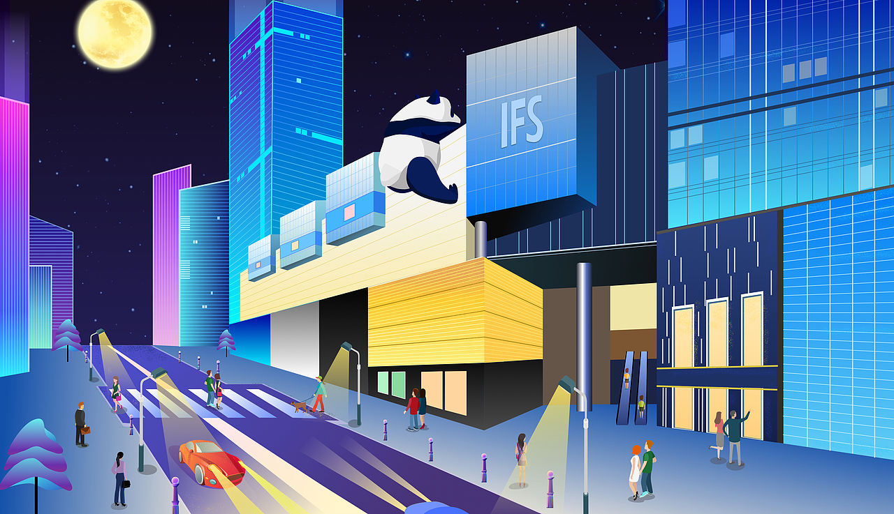 成都夜景手绘插画