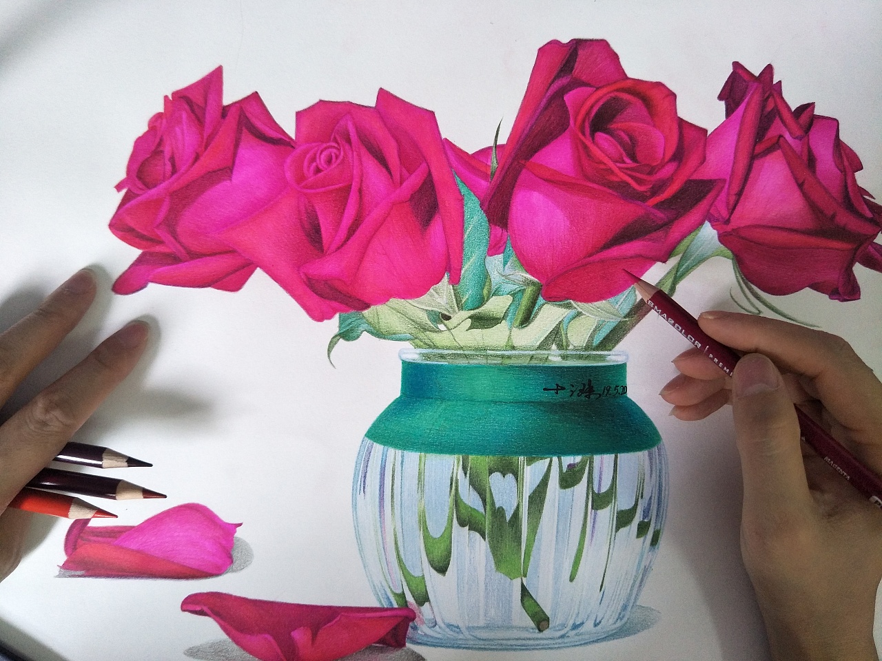 玫瑰花瓶插花水粉画图片