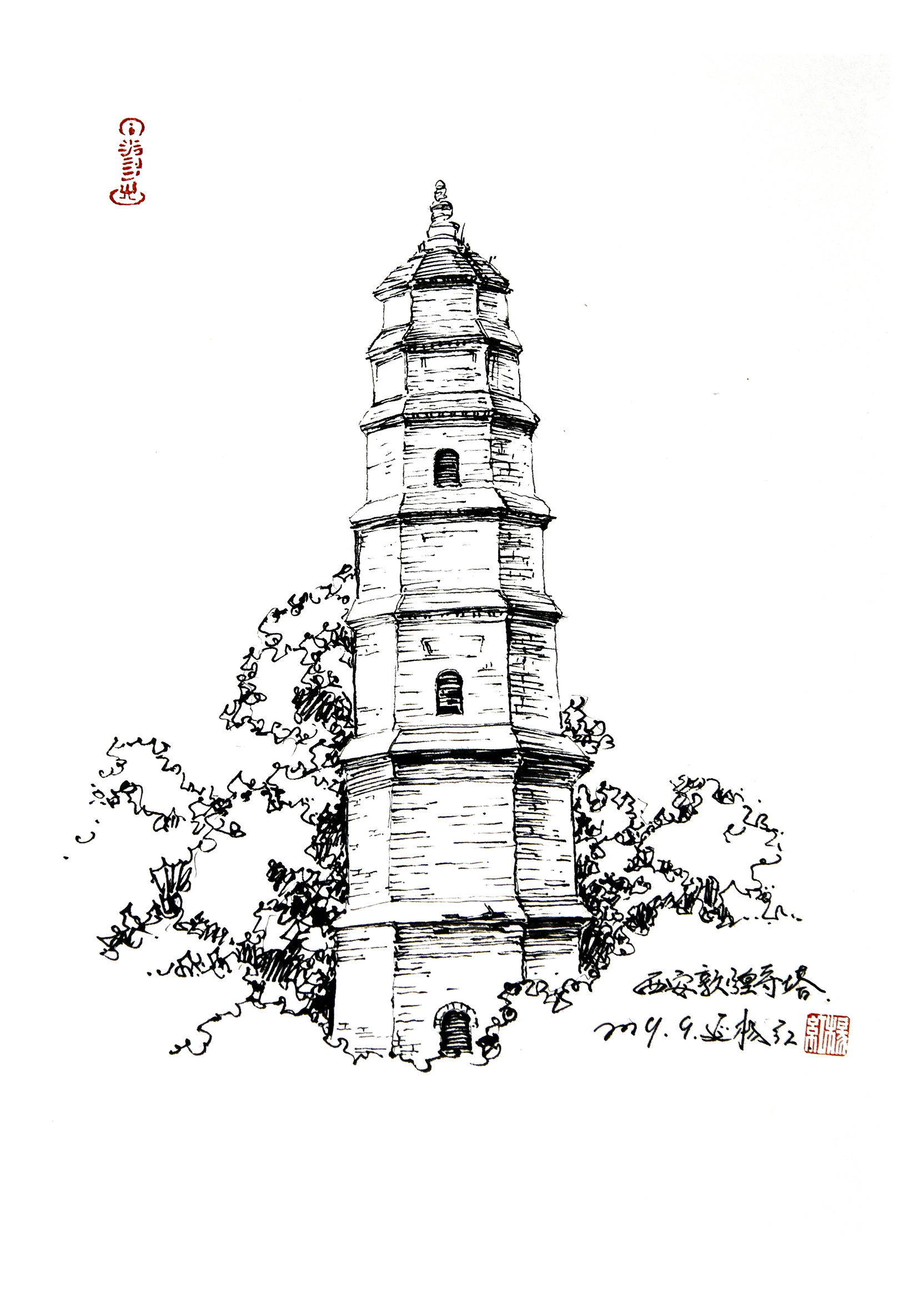 陕西标志性建筑绘画图片