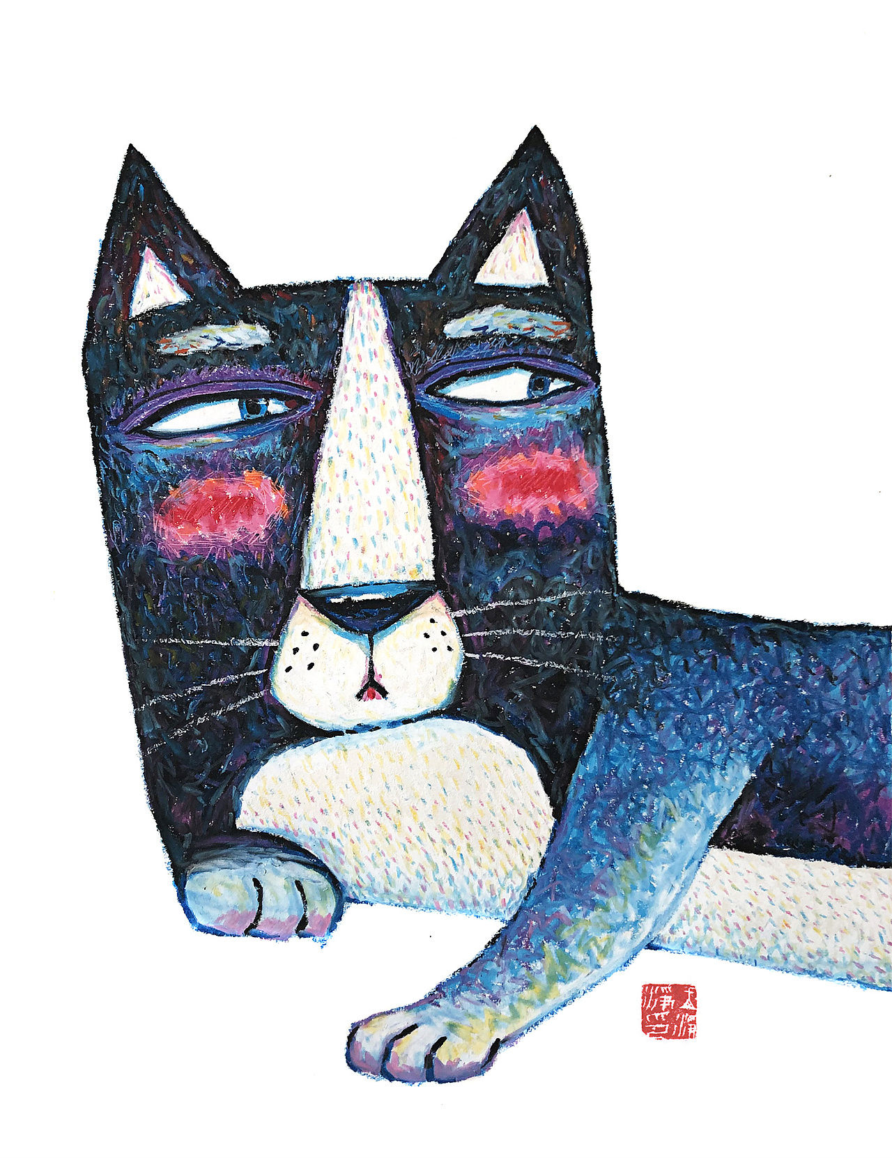 油画棒插画作品 蓝色的猫