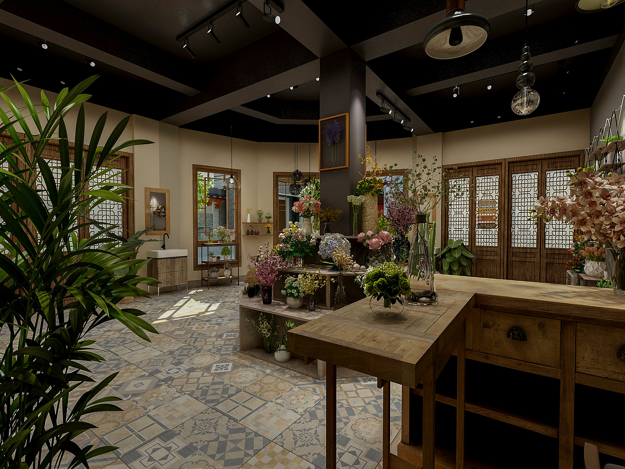 33分享收藏新中式商场店铺-阿苪烤鸡爪阅览空间别墅小院标签复古花店