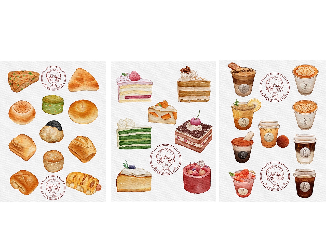 甜品菜单插图|水彩蛋糕、面包、饮品