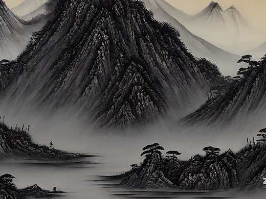 #AI创作实验室#水墨丹青，风景画，飘渺，山川