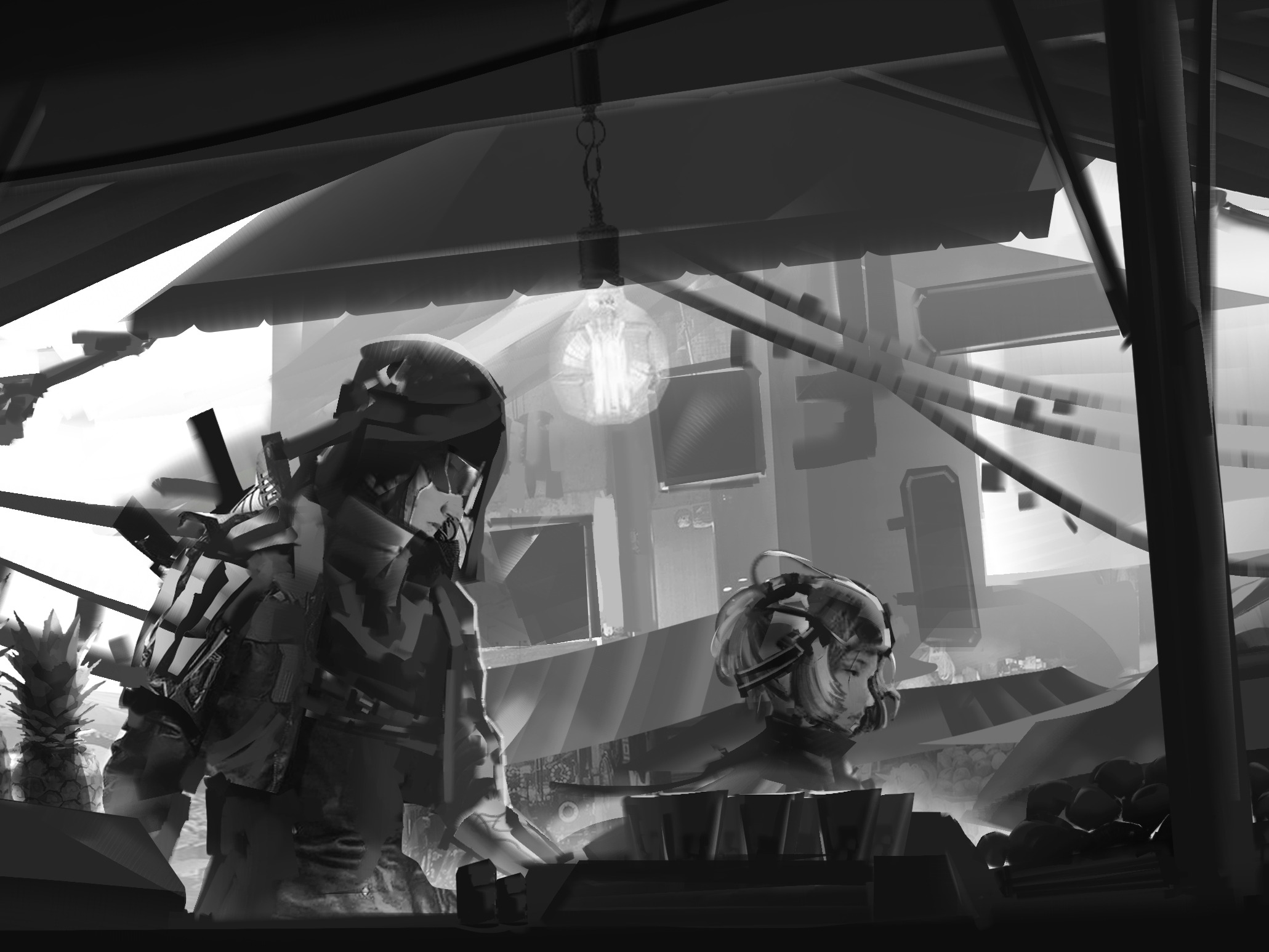 构图练习赛博朋克主题黑白场景