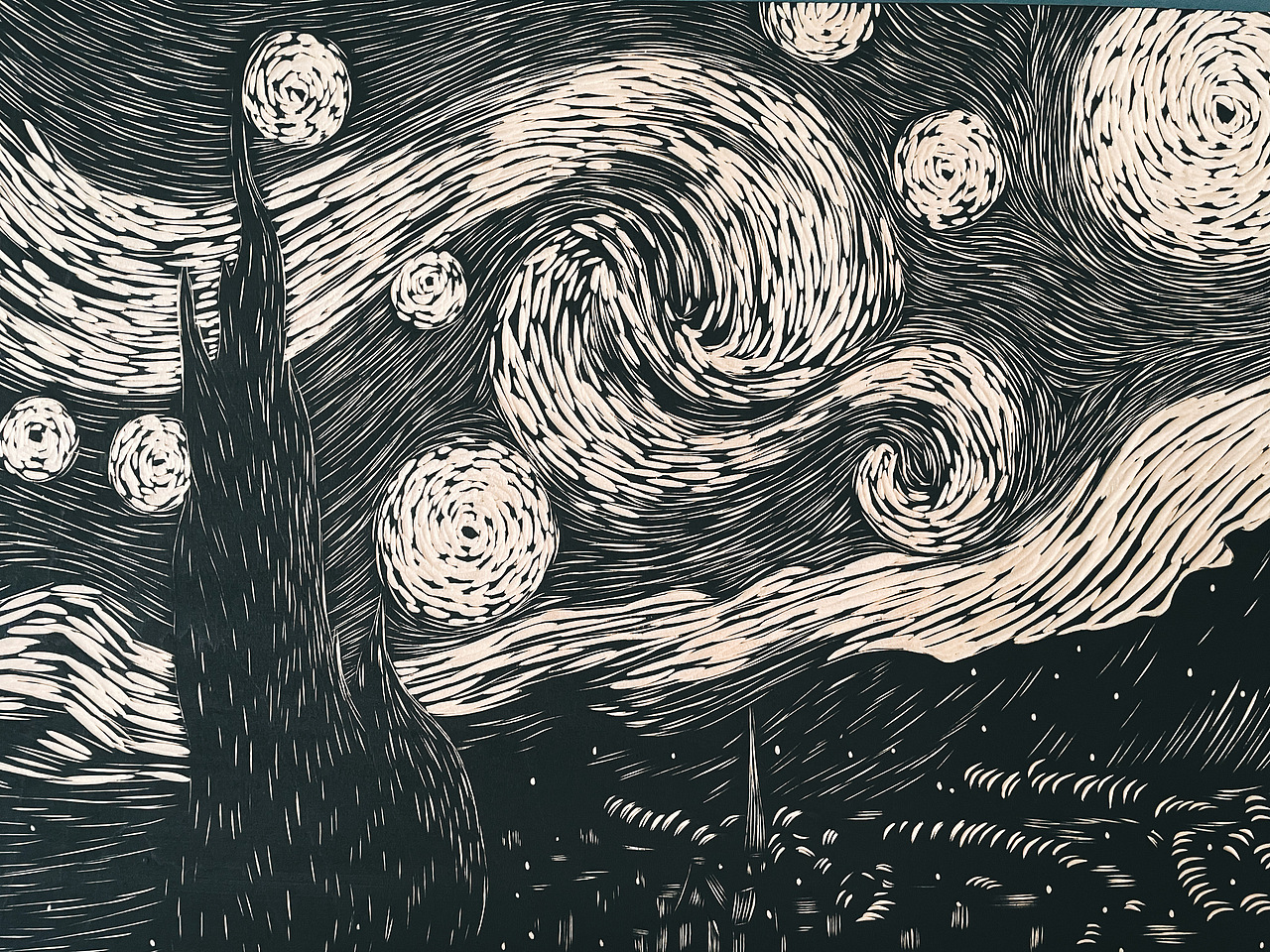 手工雕刻星空·木刻版画制作