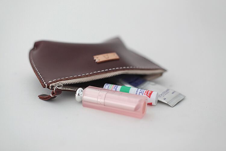 f2studio简约收纳女包 手缝拉链植鞣皮洗漱包 化妆包