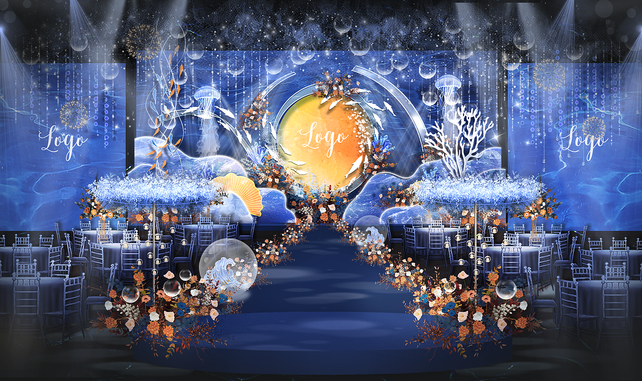 婚礼效果图｜蓝橙撞色婚礼设计（图ZMjI3NzkzMDgw） - 舞台美术 - 站酷设计师LittleRice原创素材 - 站酷ZCOOL