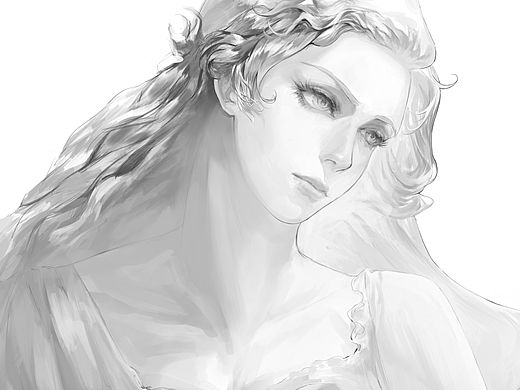 黑白复古少女插画作品