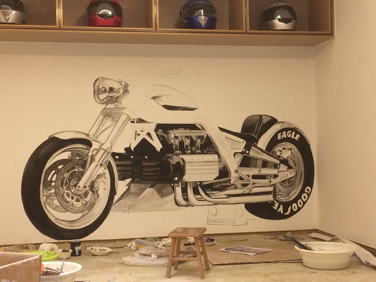 墙绘写实3d立体摩托