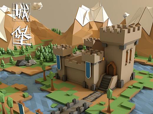 C4D作品《暮谷城》低多边形城镇建模