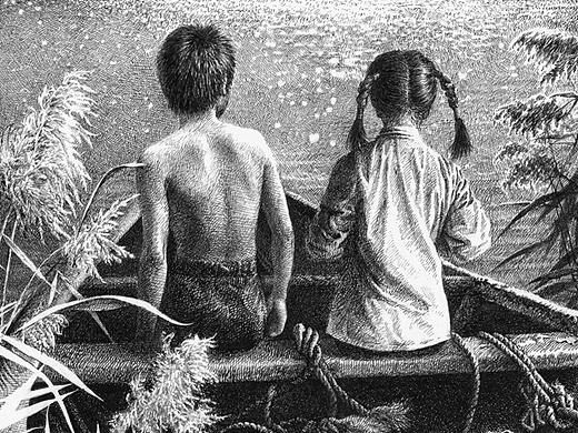 任保海为曹文轩《水下有座城》创作的钢笔画作品