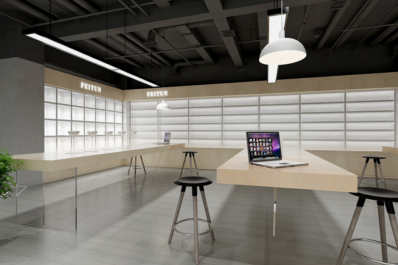 运用最简单的设计手法,裸顶,原木色桌面,展柜,展台,展台特别考虑了