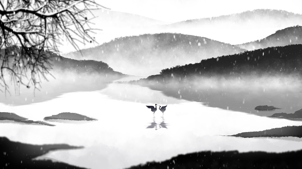 山水水墨画冬景