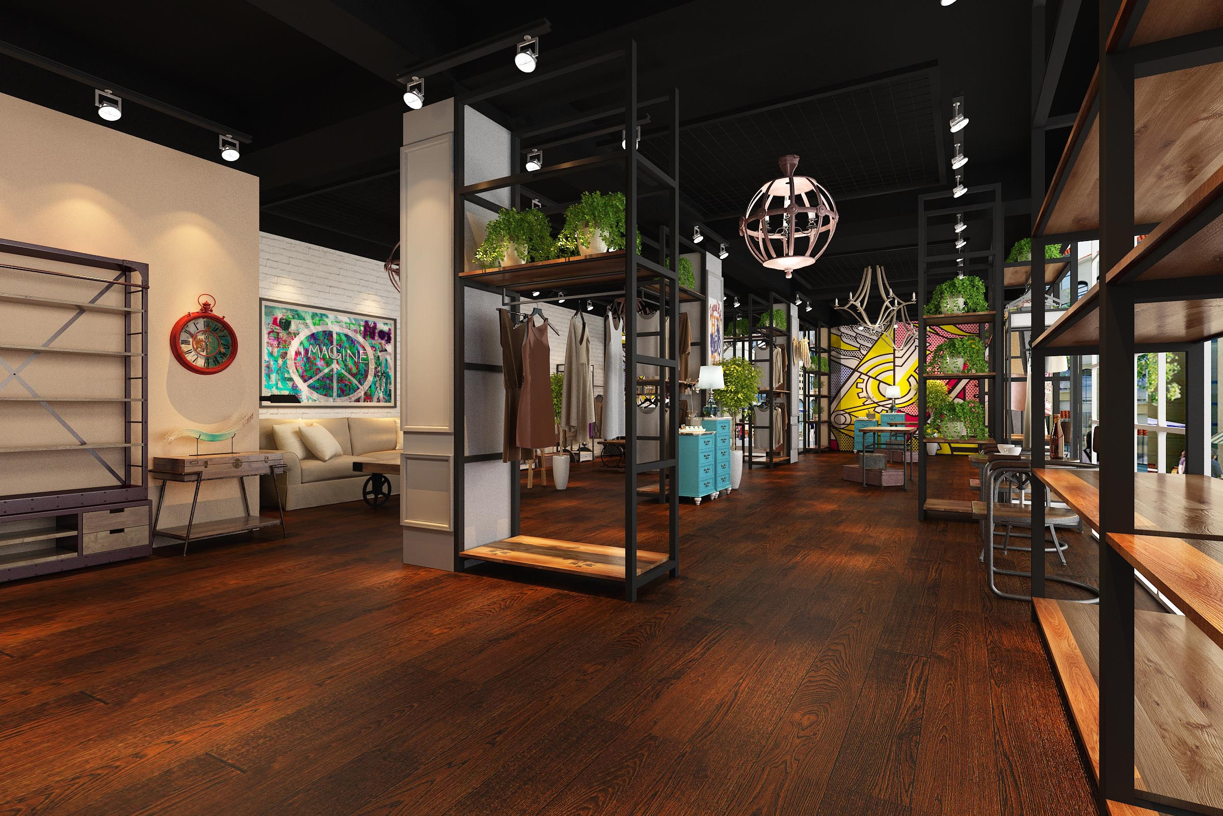 原创工业风服装店面设计-成都潮流服装店装修设计