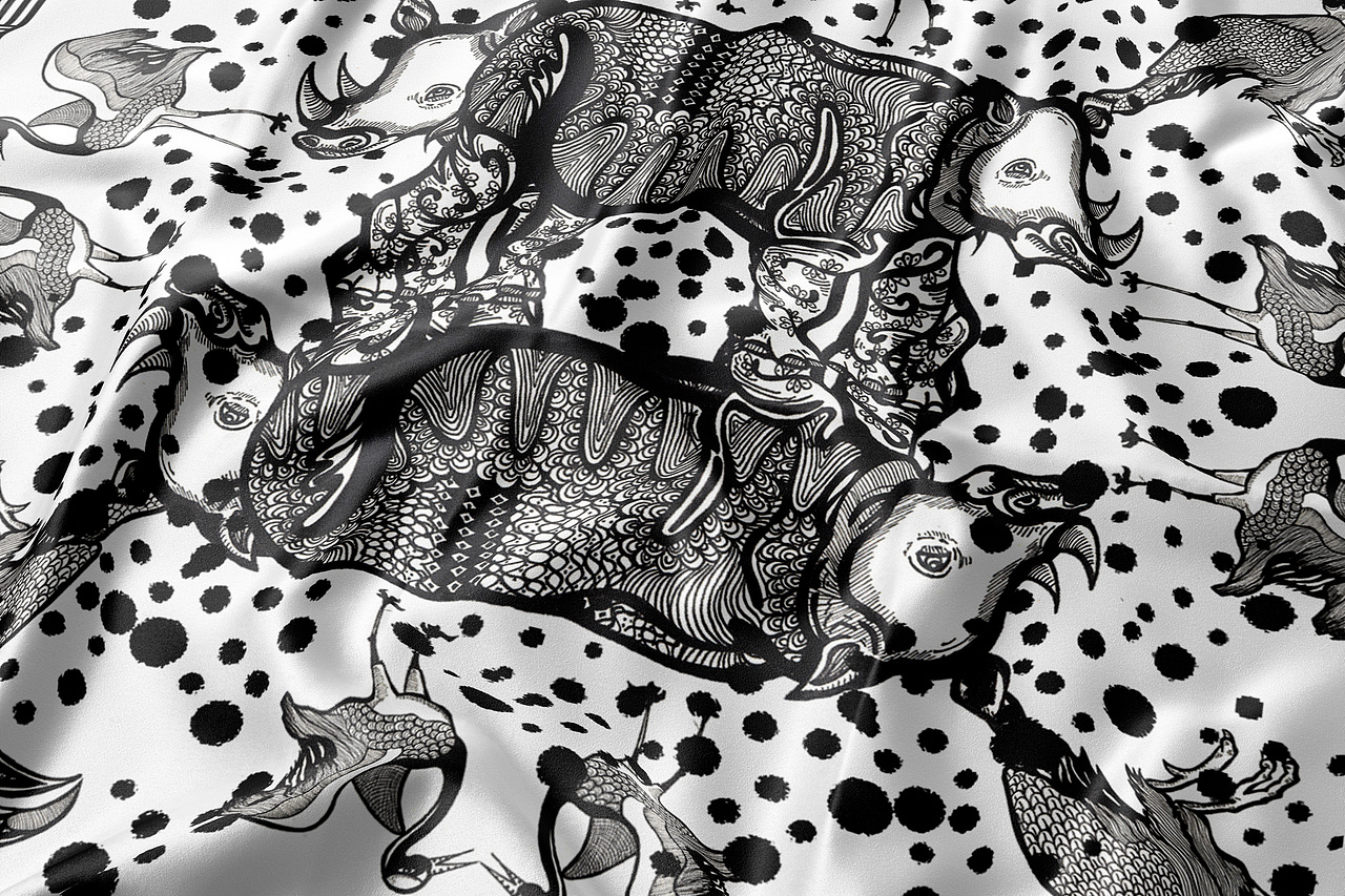 手绘动物组合图案丝巾/T恤设计