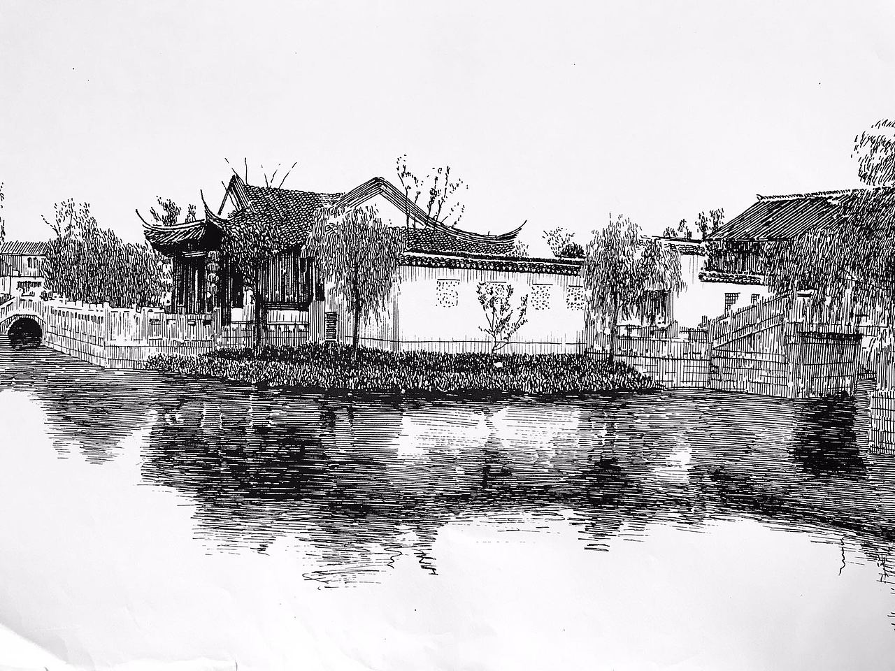 马国斌钢笔画江南水乡古镇风光