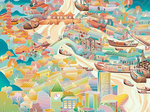 古今运河情国风矢量商业插画