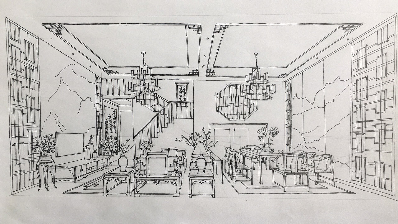 马克笔手绘客餐厅效果图