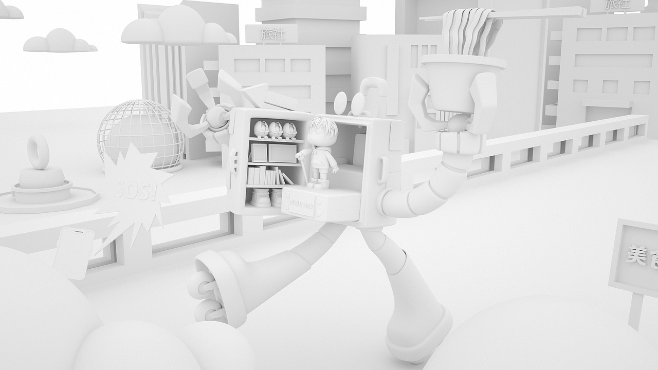 c4d场景/插画-行李箱机器人