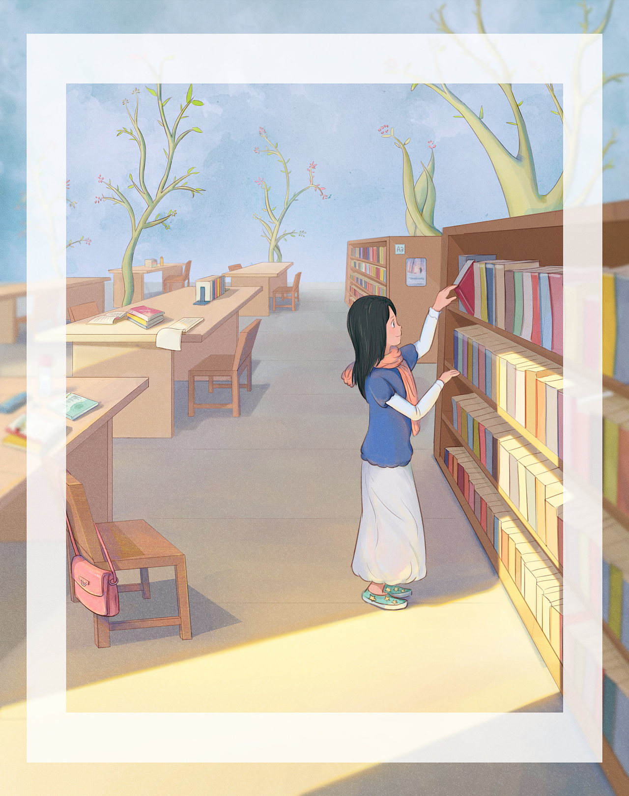 校园生活校园图书馆借书暖色温馨可爱卡通插画图片-千库网